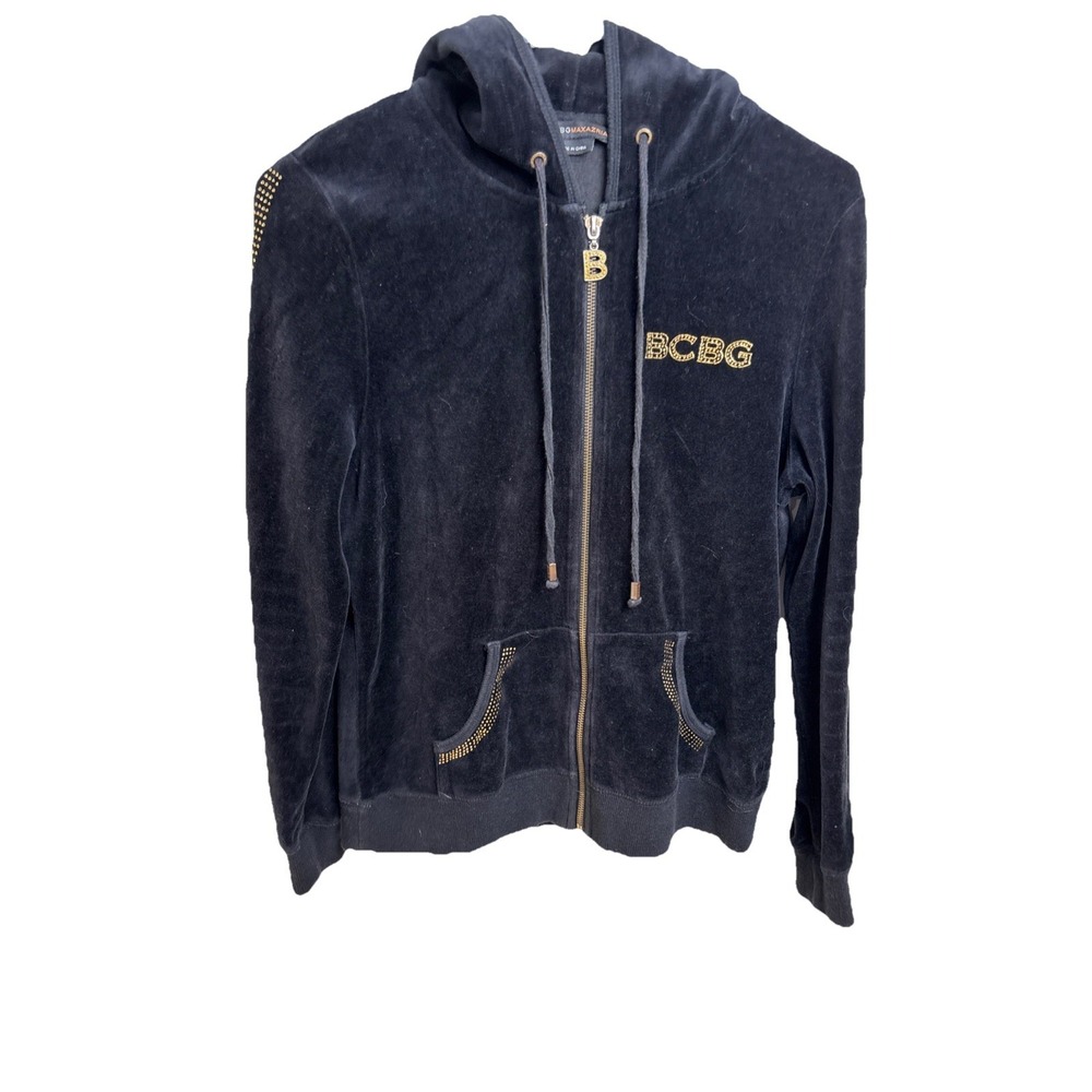 BCBGMAXAZRIA‎  Velour Rhinestone Full Zip Hoodie Jacket Bling Black Med